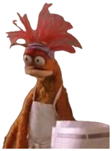 Pepe the King Prawn in an apron with bug eyes locked on the camera sticker