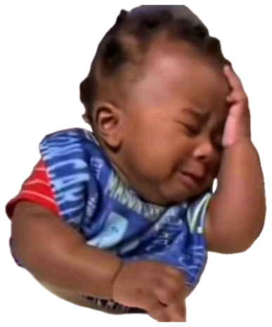 Baby in a high chair crying while holding their head in their hand like they've had enough sticker