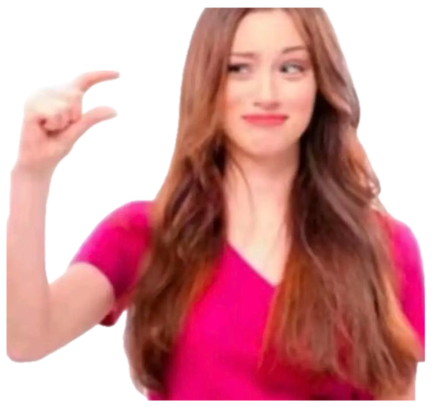 Woman in a pink top pinching her fingers to show a tiny amount with an awkward smile sticker