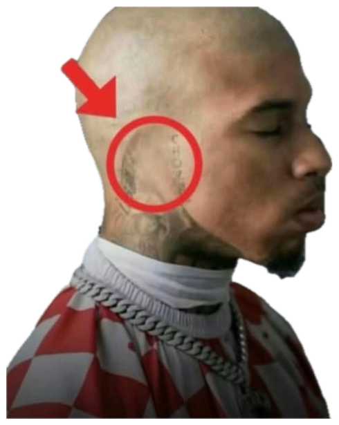 Bald tattooed guy in profile with a red circle and question mark on his neck ink sticker
