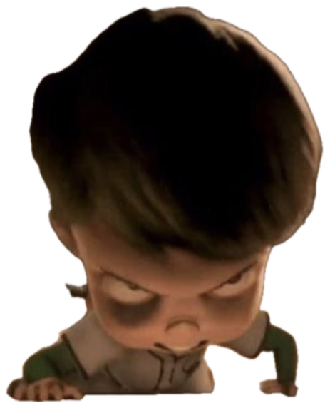 Animated kid with a bowl cut glaring furiously over the edge of a table sticker