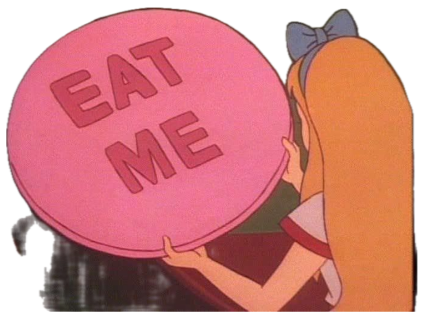 Alice holding up the giant pink 'EAT ME' cake with both hands sticker