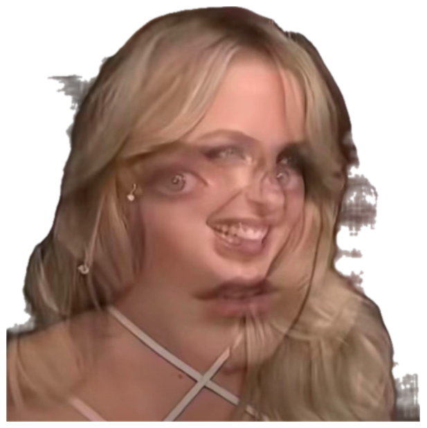 Blonde woman caught mid-blink with a warped, goofy grimace on a distorted freeze-frame sticker