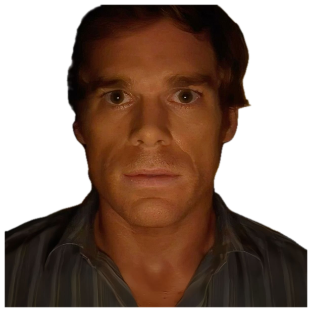 Dexter Morgan staring dead-eyed into your soul from a dimly lit room sticker