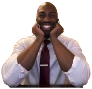 Man in shirt and tie resting his face in his hands, beaming a huge delighted grin sticker