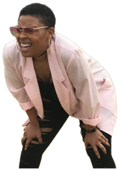 Woman in a pink blazer and sunglasses doubled over laughing in a parking lot sticker