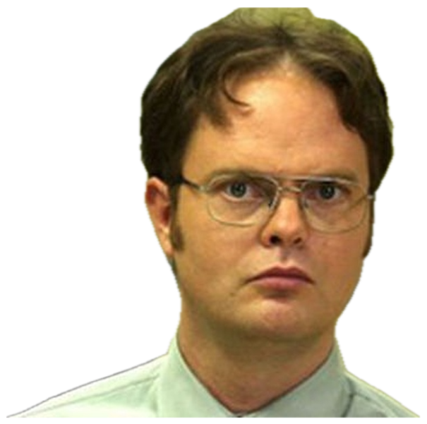 Dwight Schrute in his glasses giving a flat, deadpan, judgmental stare at the office sticker