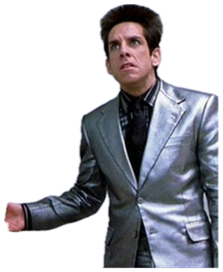 Zoolander squinting in bewildered shock at the tiny model building sticker