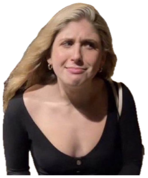 Blonde woman on a night street pulling a squinty, skeptical cringe face sticker