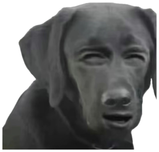 Cursed black dog with a human face grimacing awkwardly sticker