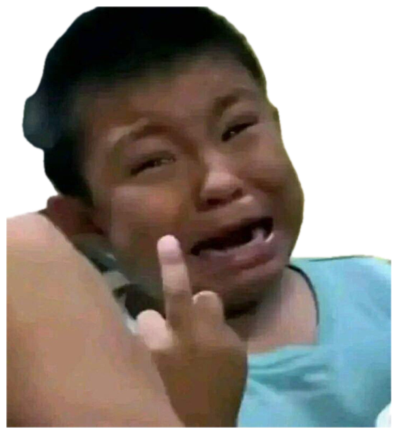 Crying kid throwing up a defiant hand gesture while sobbing on a bed sticker