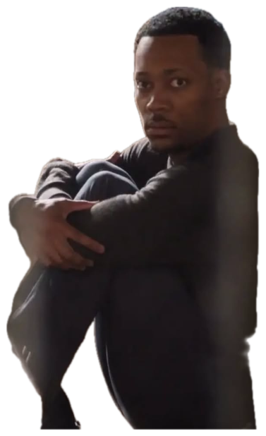 Man hugging his knees on the floor and looking over his shoulder with an anxious expression sticker