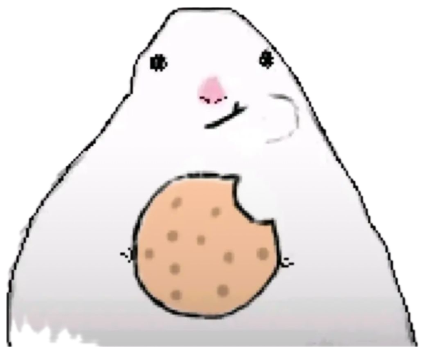 Cartoon blob creature holding a bitten cookie with a shy, sheepish half-smile sticker