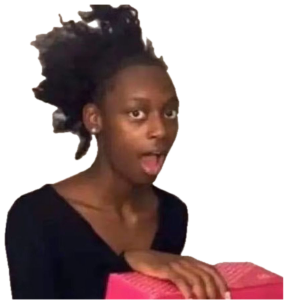 Girl with a messy ponytail caught mid-reaction with her tongue out and a stunned face sticker
