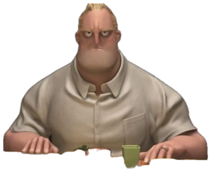 Mr. Incredible squeezed behind the dinner table with a grumpy, annoyed glare sticker