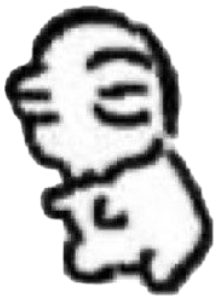 Crude hand-drawn blob doodle turned sideways with a shy, sheepish smile sticker