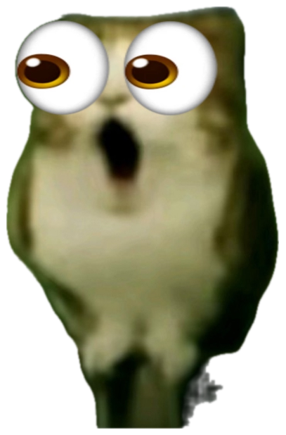 Blurry owl with giant googly emoji eyes and its beak hanging open in shock sticker