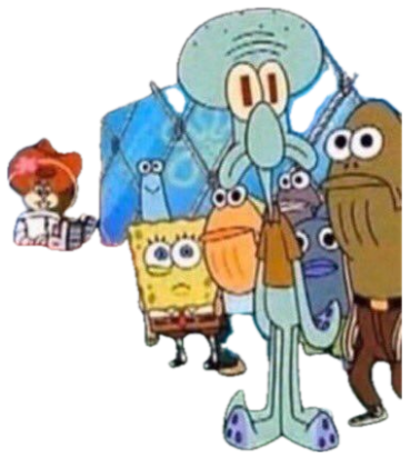 SpongeBob and Squidward nervously standing in the Krusty Krab as the whole crowd stares them down sticker