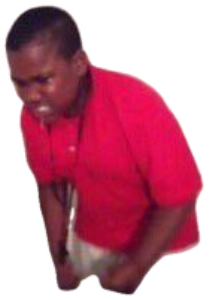 Guy in a red polo hunched over by a door with a strained, panicky face sticker