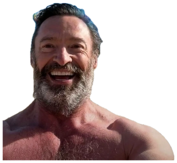 Shirtless bearded man beaming on a beach with a cartoon rainbow and dolphin behind him sticker