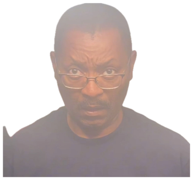Man in glasses staring down at the camera with a stern, unimpressed look sticker