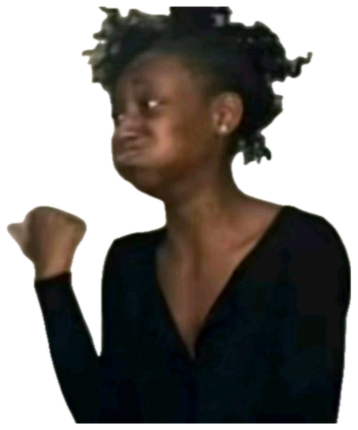 Woman puffing out her cheeks with eyes squeezed shut and a fist raised, holding it in sticker