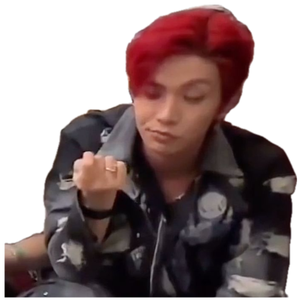Red-haired person sitting with a flat, unbothered expression sticker