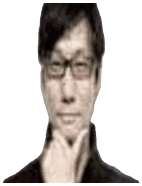 Grainy black-and-white photo of a man in glasses staring straight ahead with a flat, deadpan face sticker