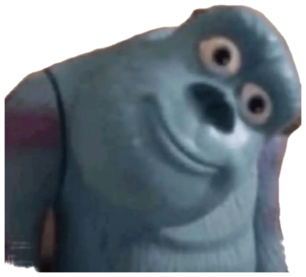 Cursed low-res Sulley figure with warped eyes and a creepy little smirk sticker
