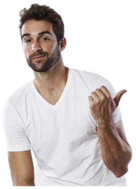 Man in a white tee smirking and jerking his thumb over to the side sticker