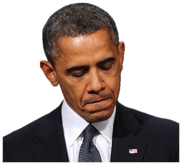 Barack Obama looking downward with a heavy, disappointed frown in front of an American flag sticker