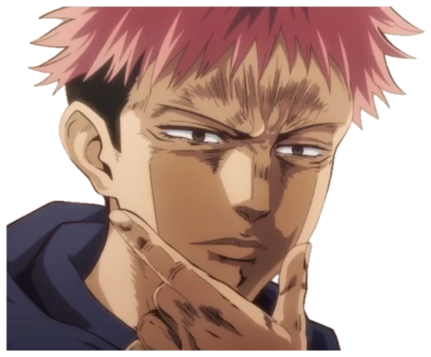 Yuji Itadori from Jujutsu Kaisen with a wary, calculating look and chin resting on his hand sticker