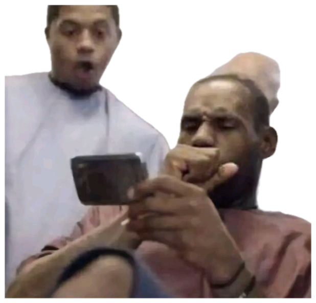 LeBron squinting at his phone while a teammate behind him reacts with mouth wide open sticker