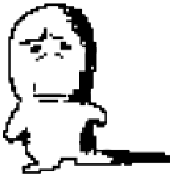 Pixelated black-and-white cartoon figure with a furrowed brow and flat frown, completely over it sticker