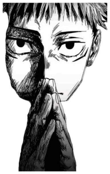Black-and-white manga character resting hands against his face with a tired, intense stare sticker