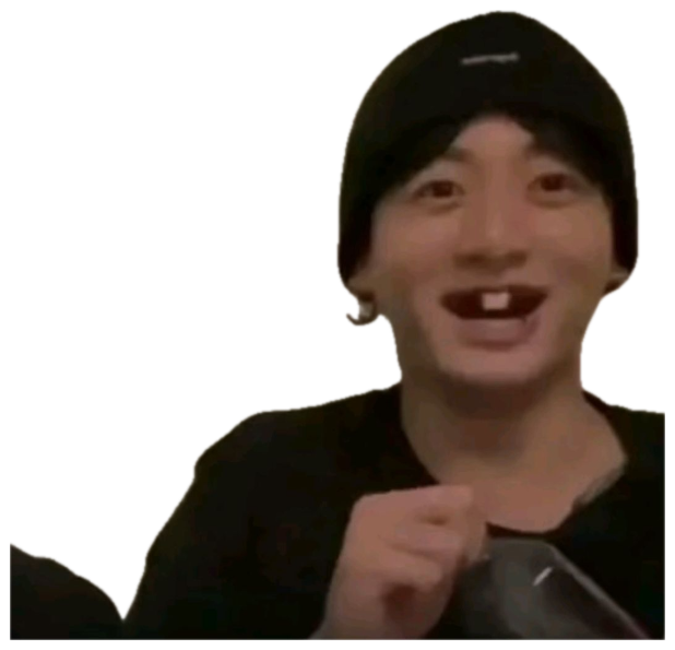 Young man in a black beanie laughing with a missing tooth, pointing at camera sticker