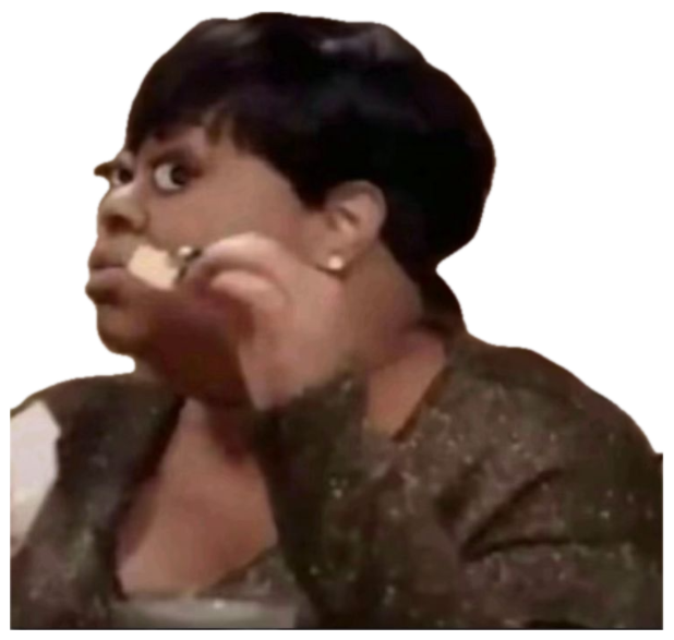 Woman side-eyeing hard mid-bite with a wide, deeply suspicious stare sticker