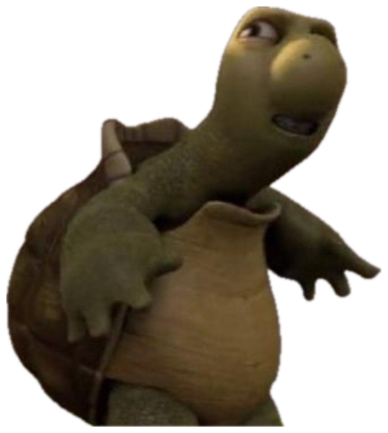 Animated turtle glancing sideways with a tense, guilty grimace on a suburban lawn sticker
