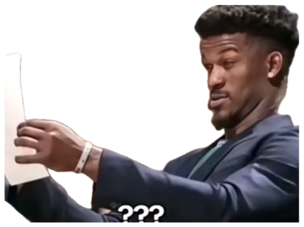 NBA star squinting skeptically at a sheet of paper captioned '???' sticker