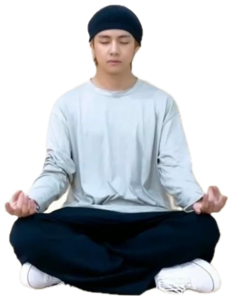 Young man floating cross-legged in meditation by a mountain lake, text 'Girl, Whatever' sticker