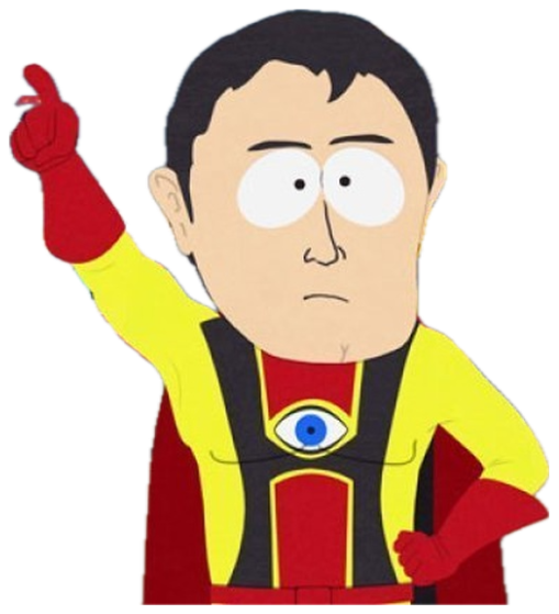 South Park superhero pointing upward with a blank, unimpressed expression sticker