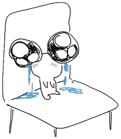 Crude doodle of a figure with huge bug eyes sobbing a puddle onto a chair sticker