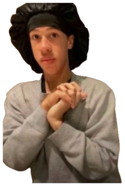 Young person in a satin bonnet standing in a fast-food restaurant with hands clasped nervously sticker