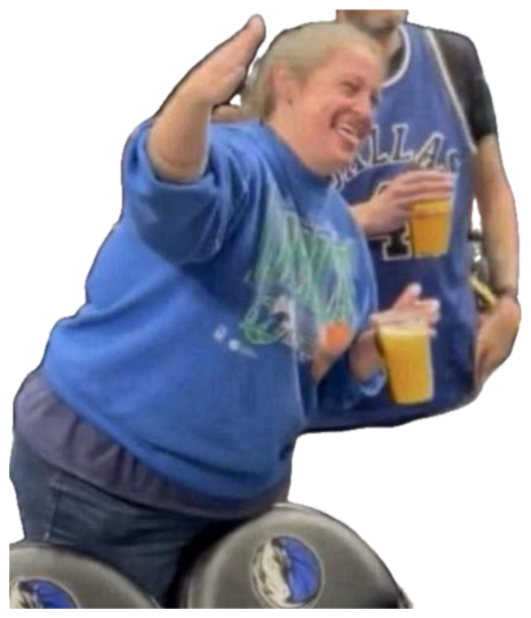 Woman in a Dallas Mavericks shirt dancing at a game with a drink in hand sticker