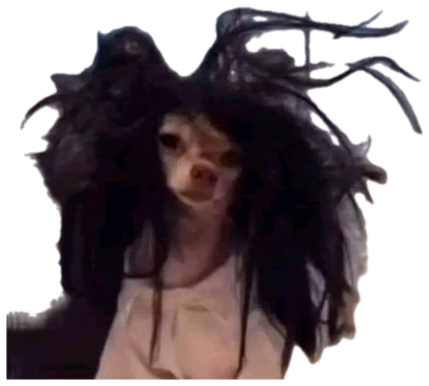 Tiny dog in a wild black wig looking like a horror movie villain sticker
