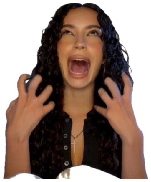 Dark-haired woman in a black top screaming with both hands raised in alarm sticker