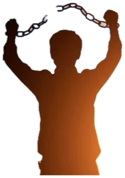 Silhouette of a person breaking chains with arms raised against a bright sunrise sticker