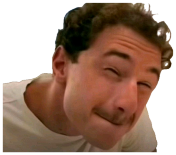 Curly-haired man leaning in close with squinting eyes and a smug, mocking little grin sticker
