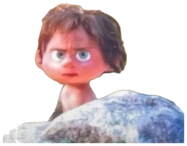 Animated kid peeking over a rock in a field with a wary, annoyed frown sticker