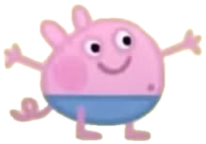Round pink cartoon pig standing arms out with a goofy little grin sticker